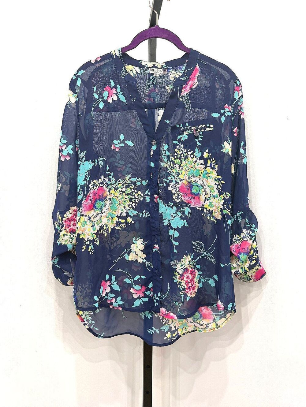 Kut from the Kloth Navy Blue Floral Sheer Blouse S Petite
